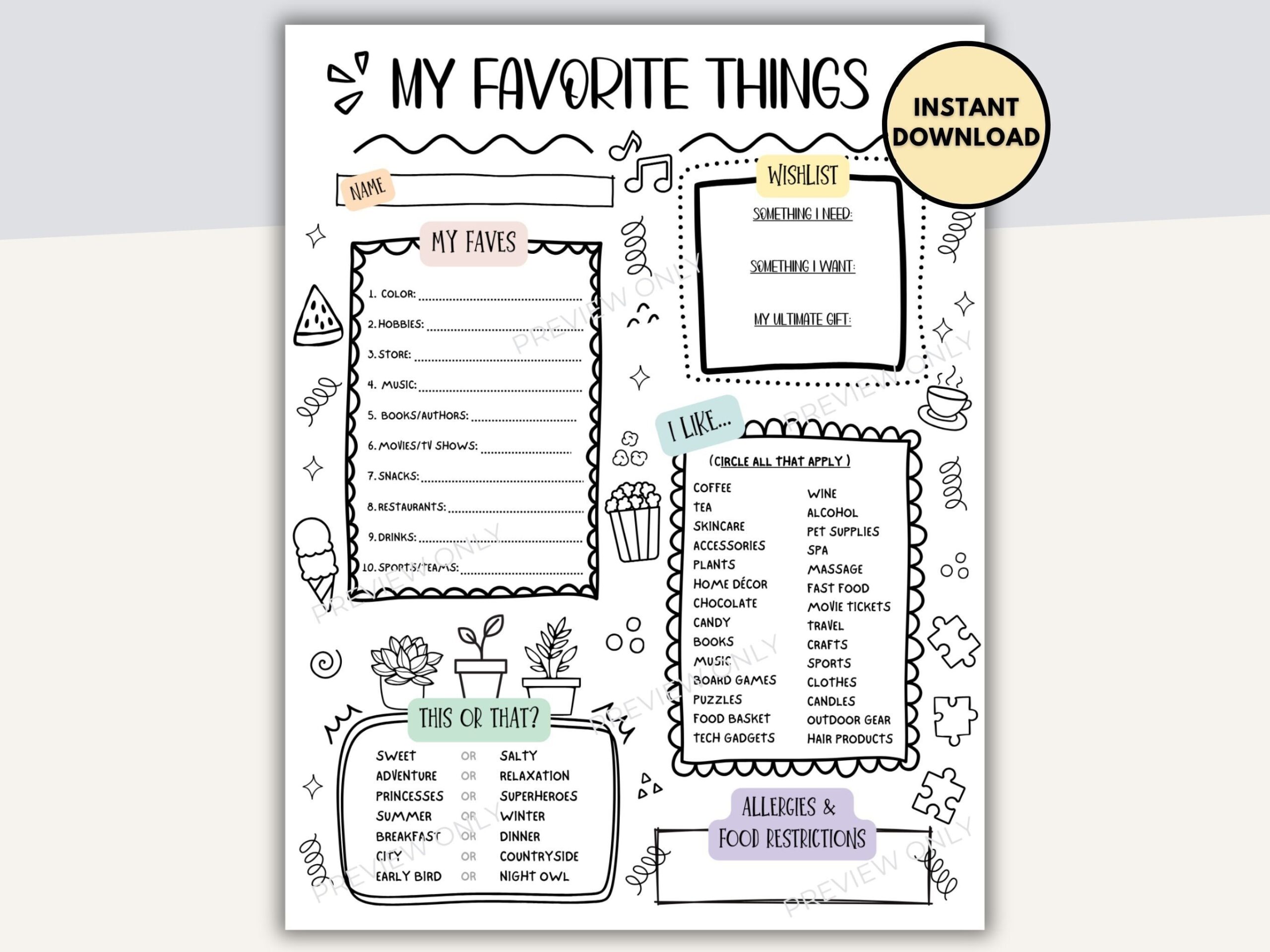 My Favorite Things Survey For Family Employee Favorites Co worker 