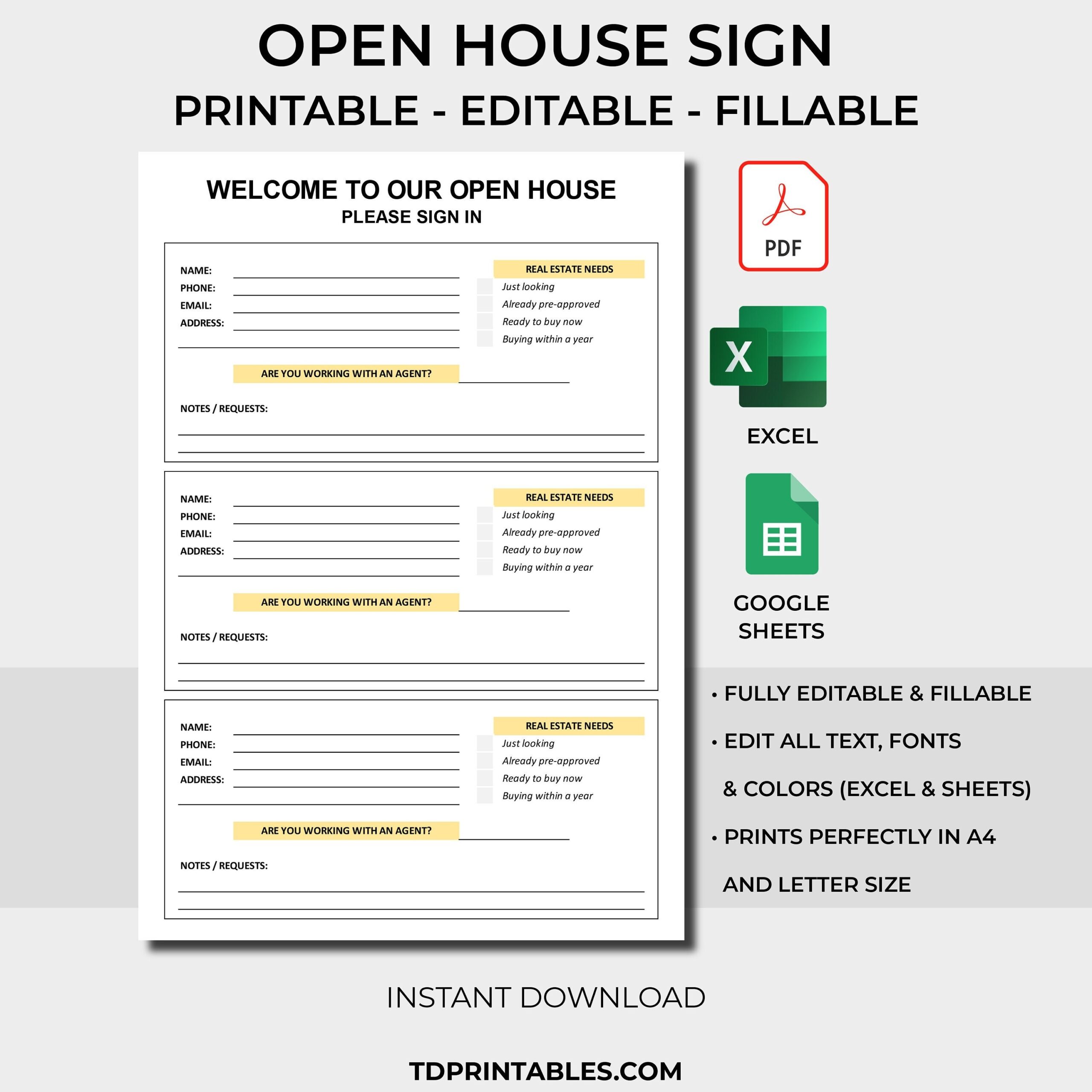 Open House Sign Sheet Printable Fillable PDF Digital Download 