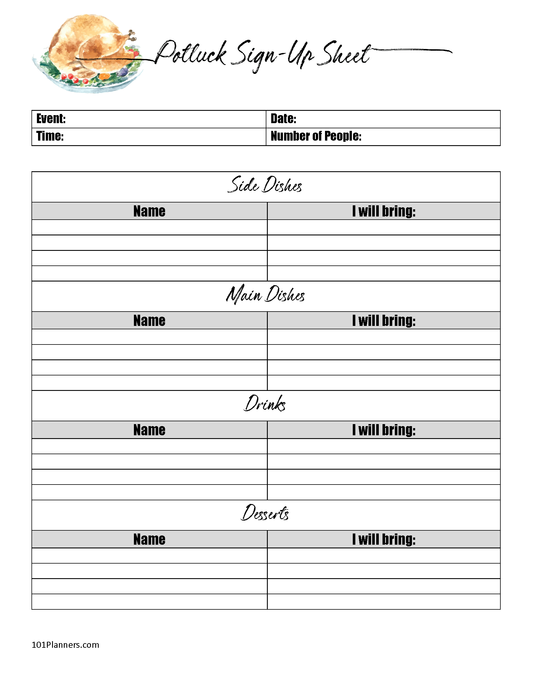 Potluck Sign Up Sheet Printable Template Potluck Dinner Party Etsy 