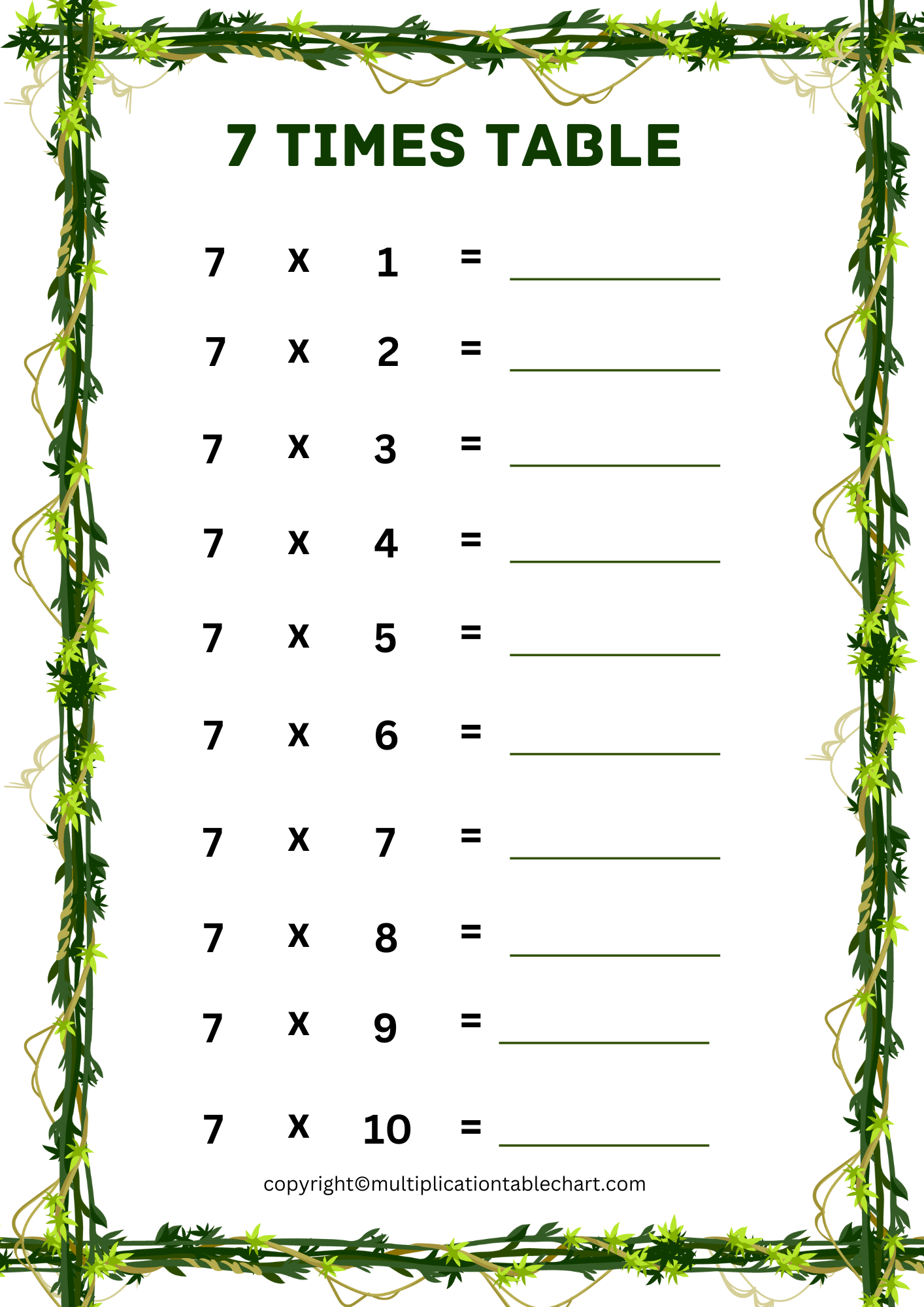 Printable 7 Multiplication Table Worksheet Multiplication Table Bilarasa