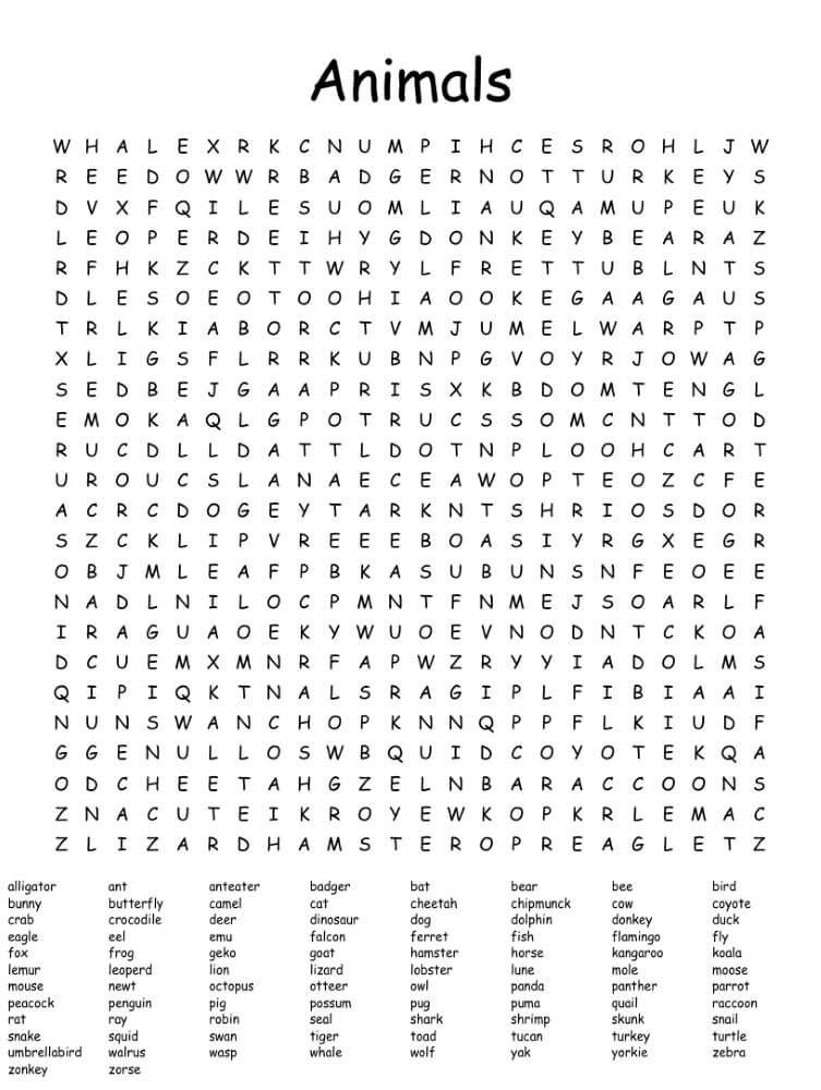 Printable Animals Word Search Sheet 11 Free Download And Print For You