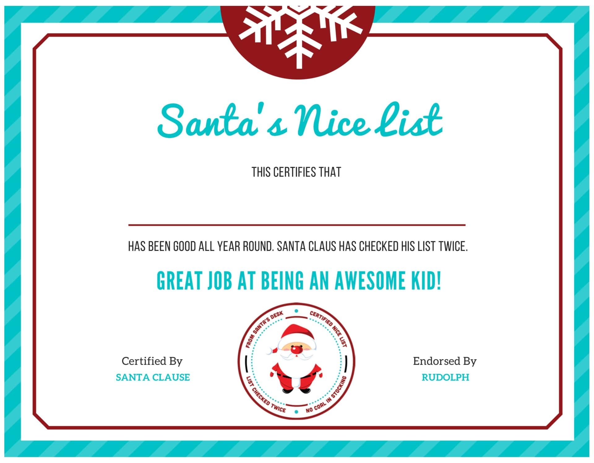 Printable Blank Nice List Certificate Printable JD