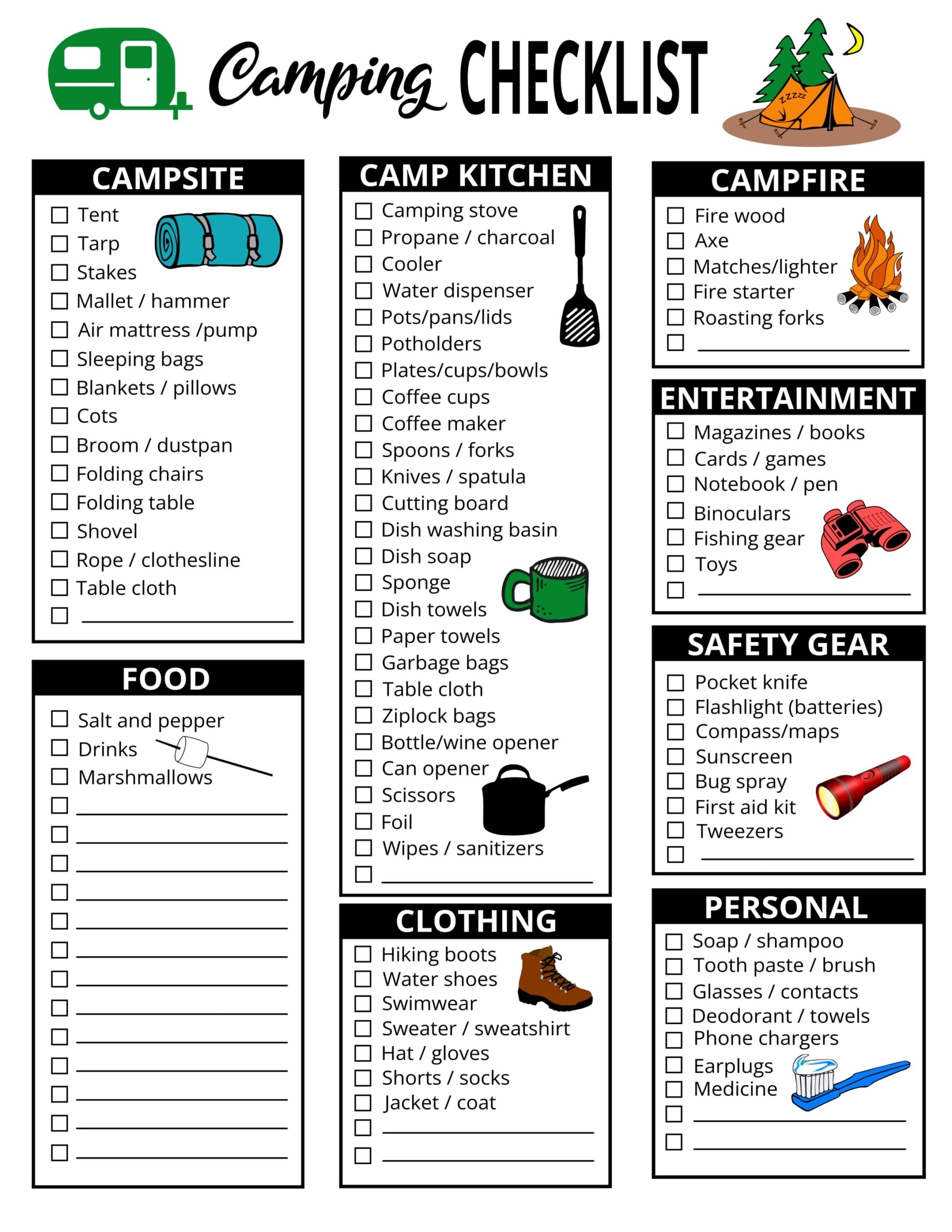 Printable Camping Checklist Template Sample Free Download And Print