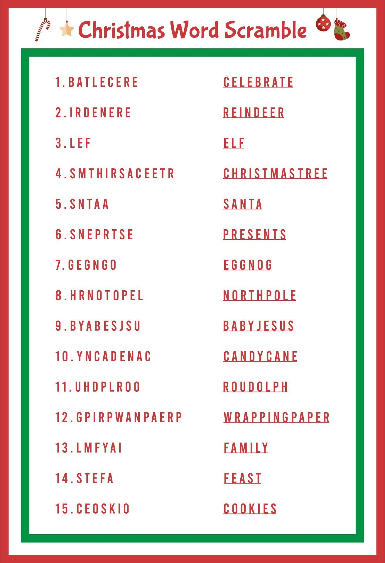 Printable Christmas Word Scramble With Answers Christmas Word
