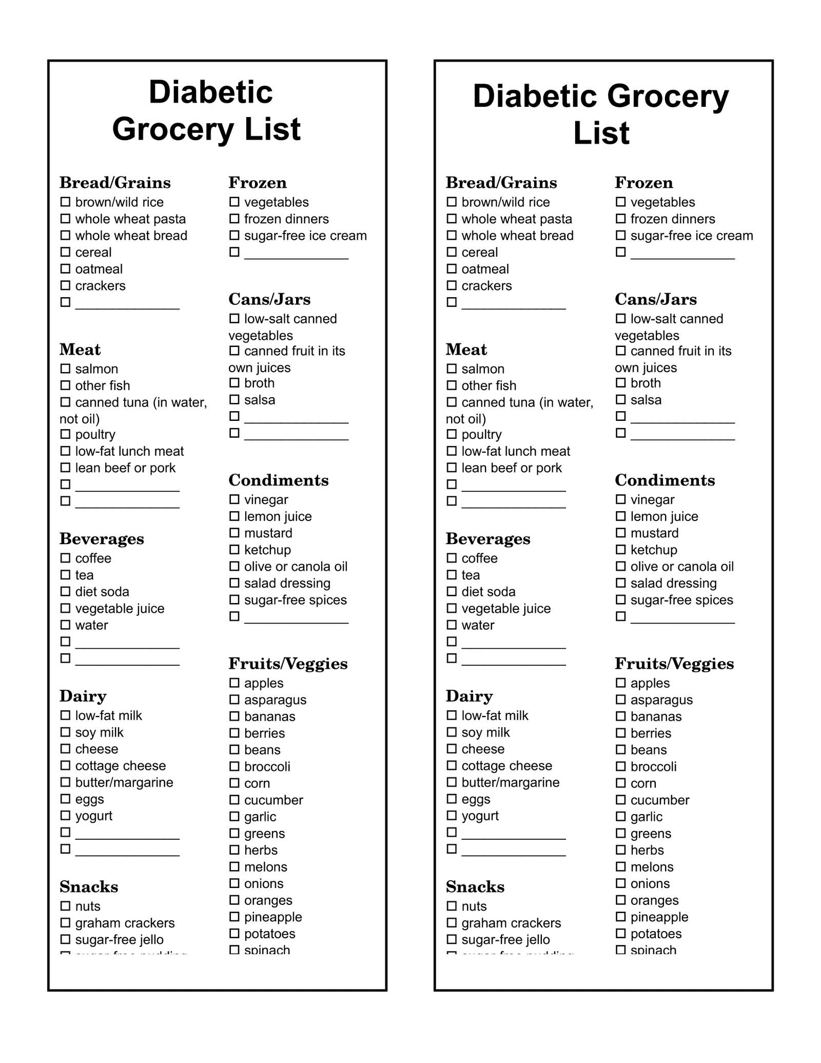 Printable Diabetic Food Lists