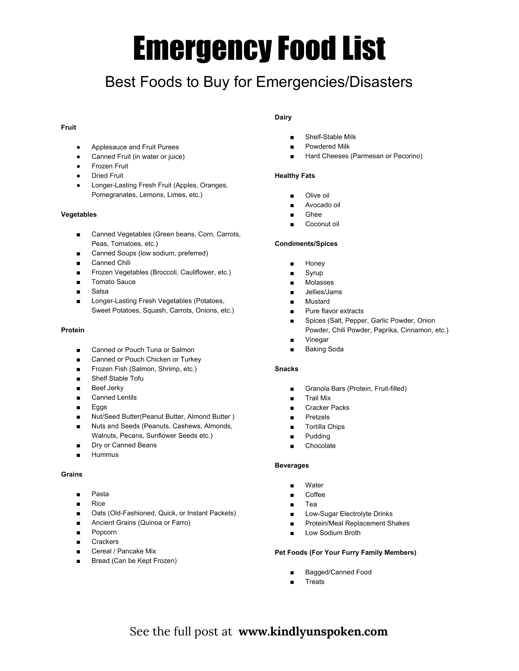 Printable Emergency Food List