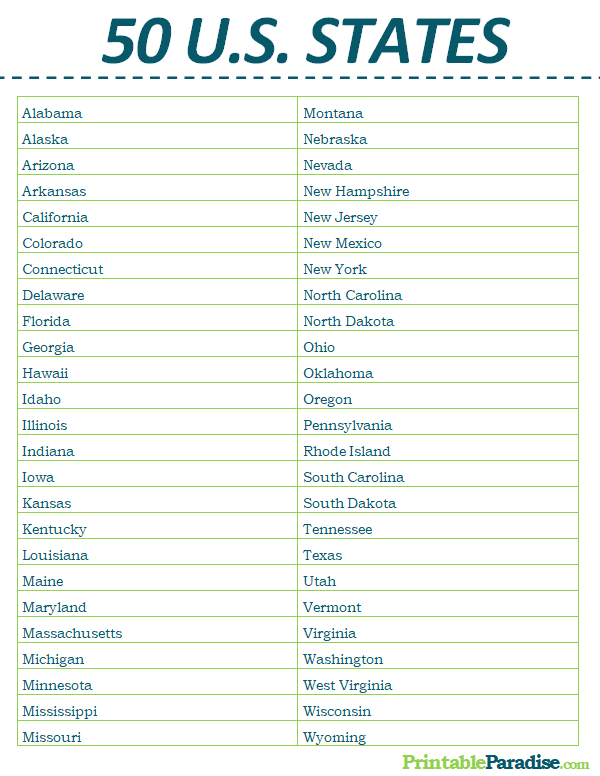 Printable List Of 50 US States With Names And Abbreviations
