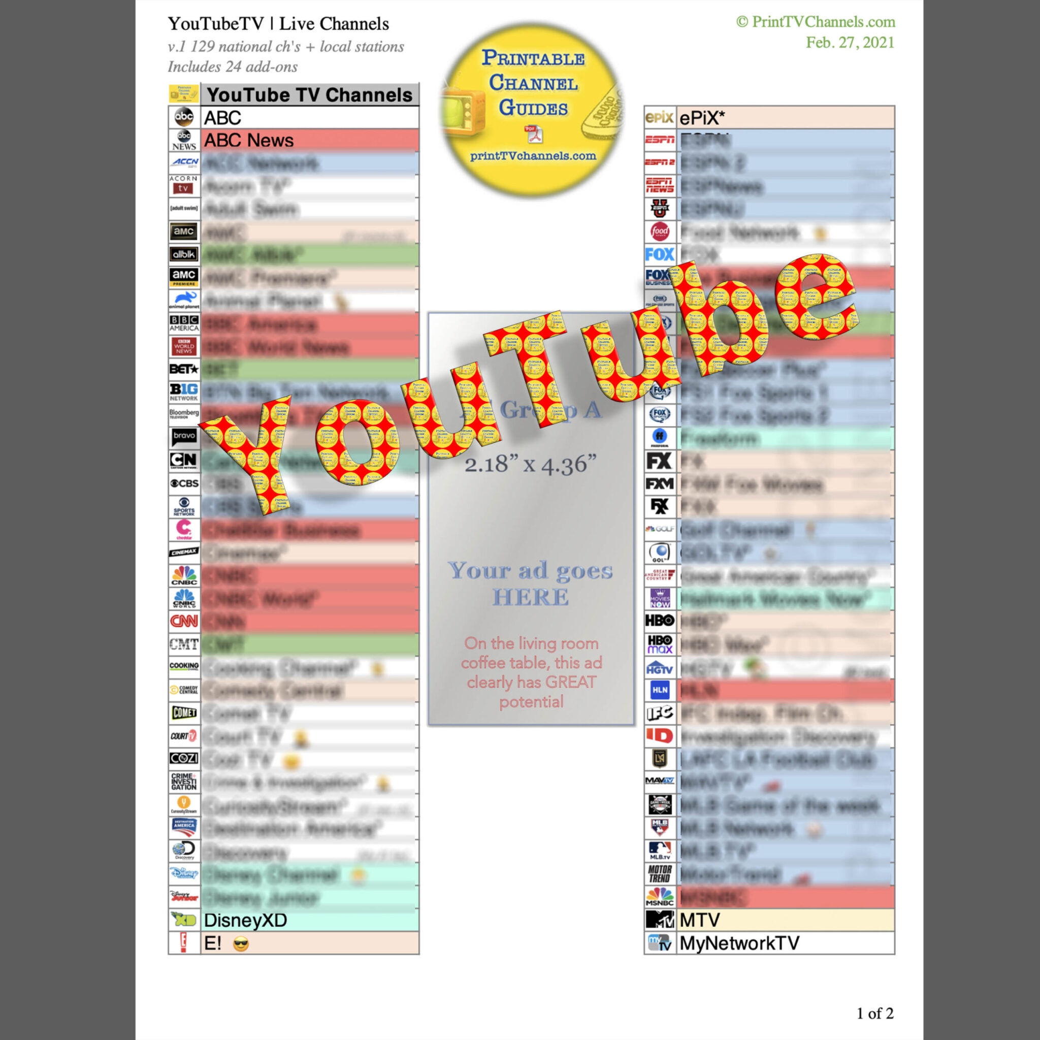 Printable List Of Youtube Tv Channels