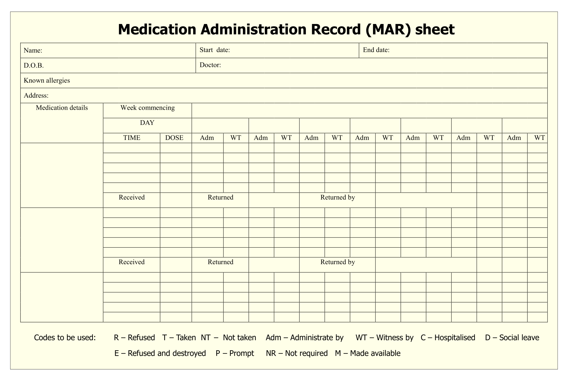 Printable Medication Administration Record Template Word Printable 