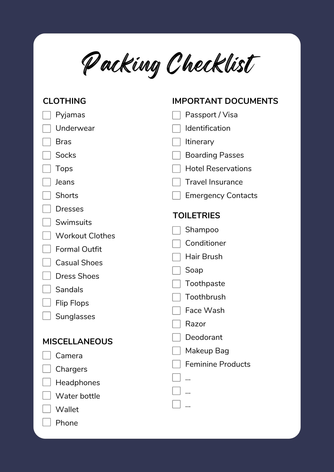 Printable Packing Checklist Blank Vacation Packing List Printable 