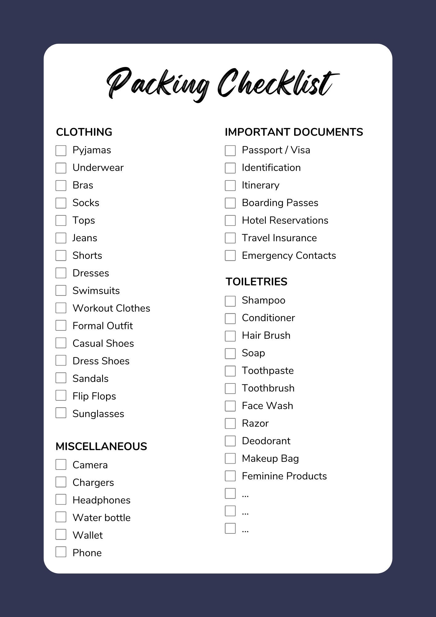 Printable Packing Checklist Blank Vacation Packing List Printable 