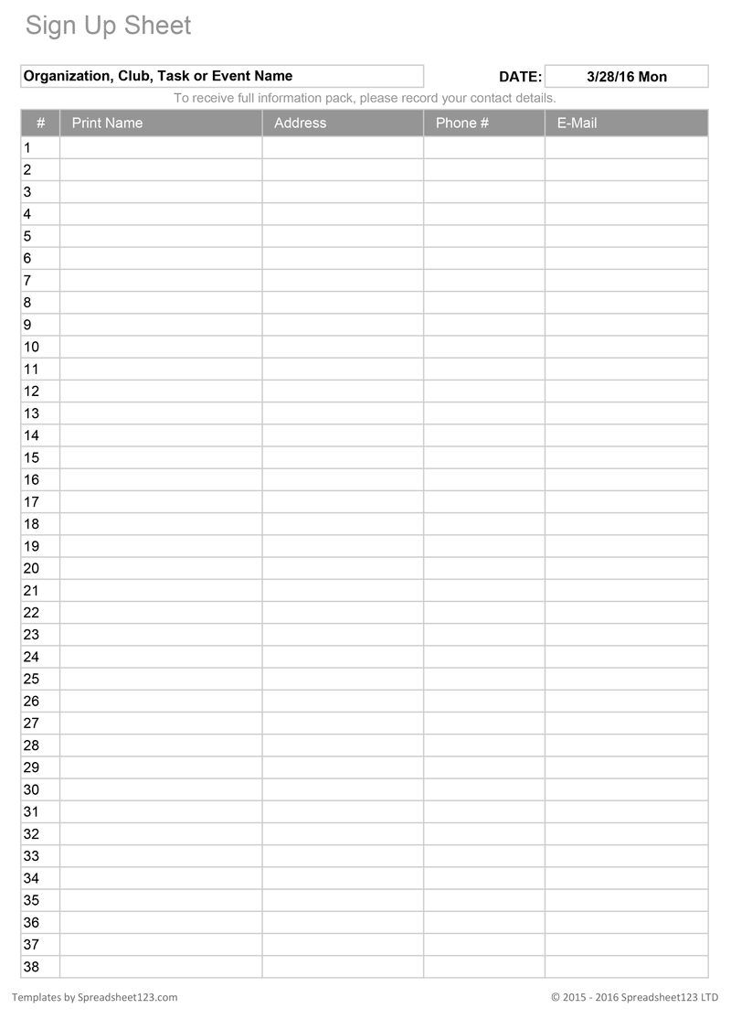 Printable Sign Up Sheet Template Printable Signs Templates Signup Riset