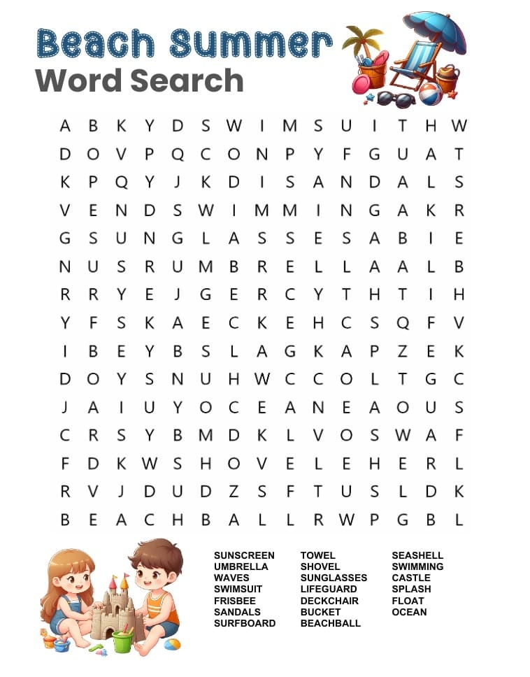 Printable Summer Word Search Puzzle PrintableLib