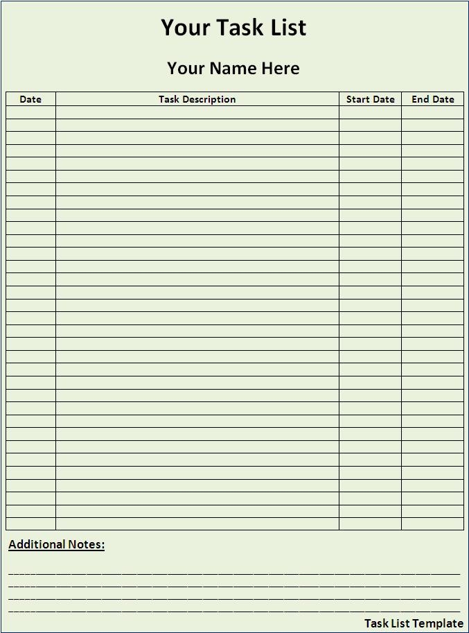 Printable Task List Free Word Templates