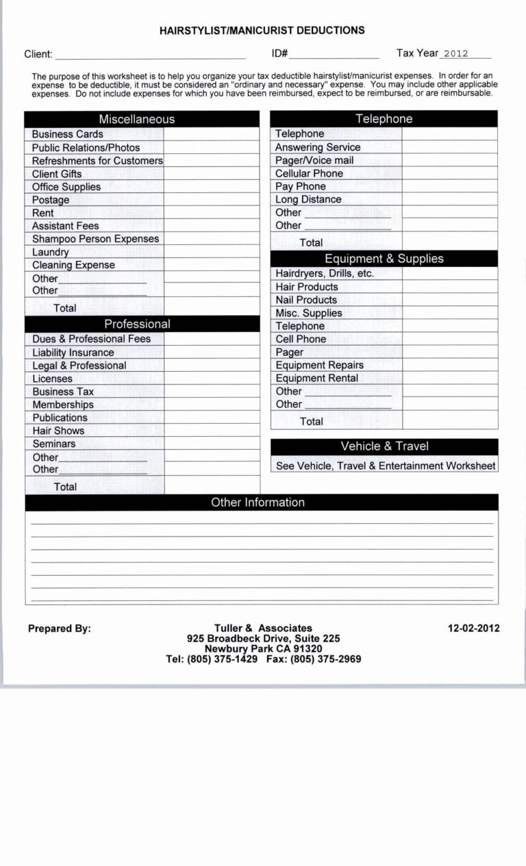 Printable Tax Deduction Worksheet Db excel