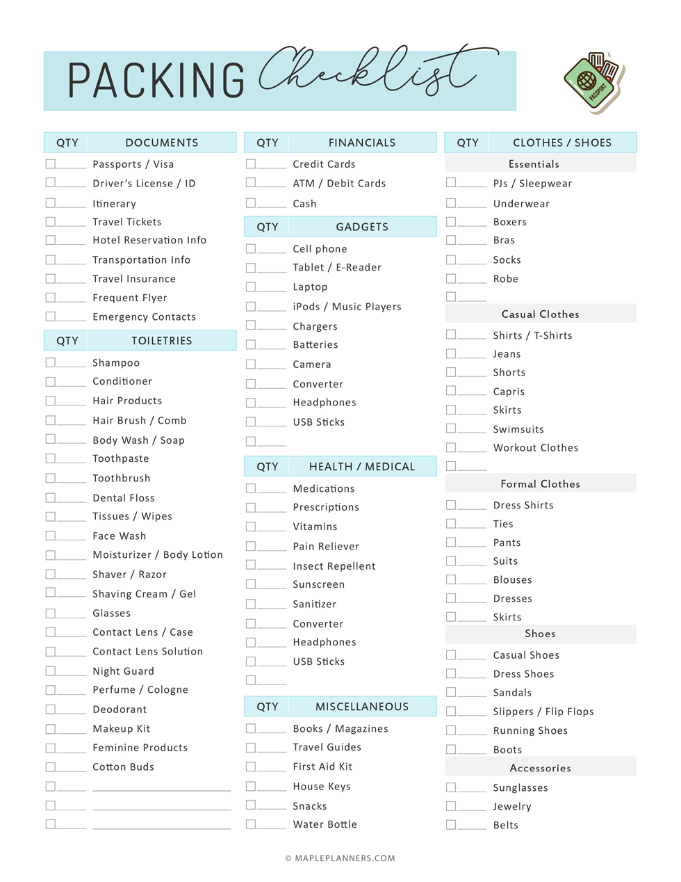 Printable Travel Packing List Template Printable Free Templates