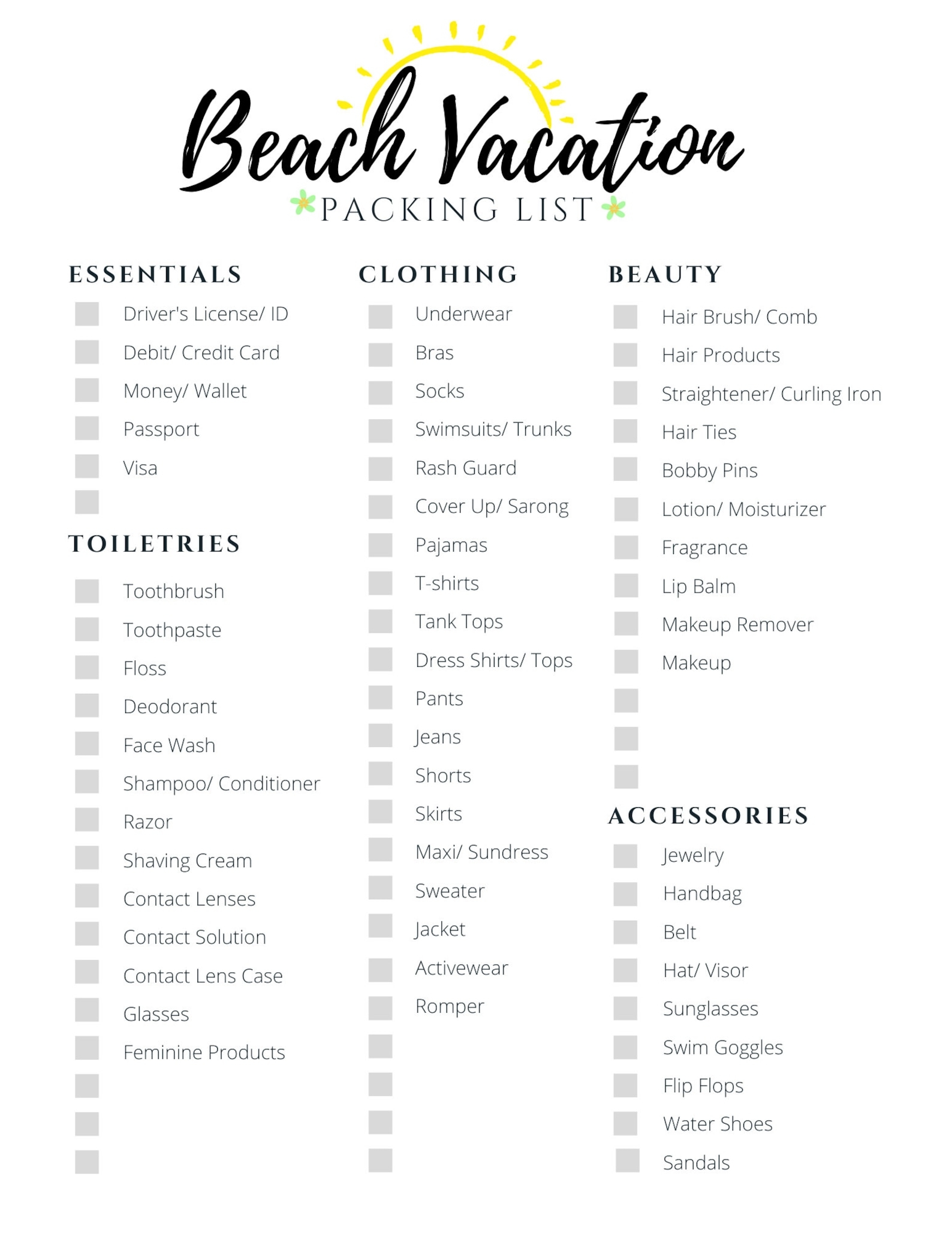 Printable Vacation Packing List Packing List Template Packing List My 