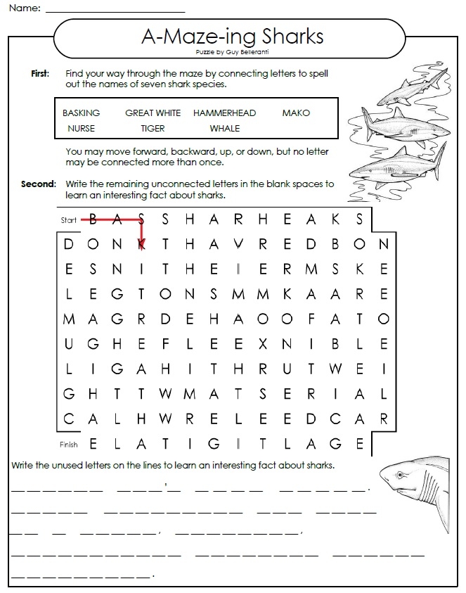Printable Word Maze Sharks Worksheets Library