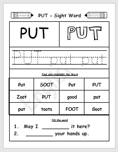 Put Sight Word Printable Worksheet EnglishBix