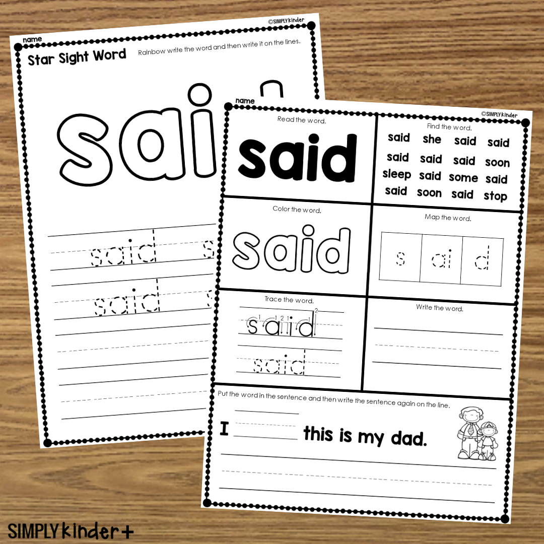 Said Sight Word Printable Activities Simply Kinder Plus