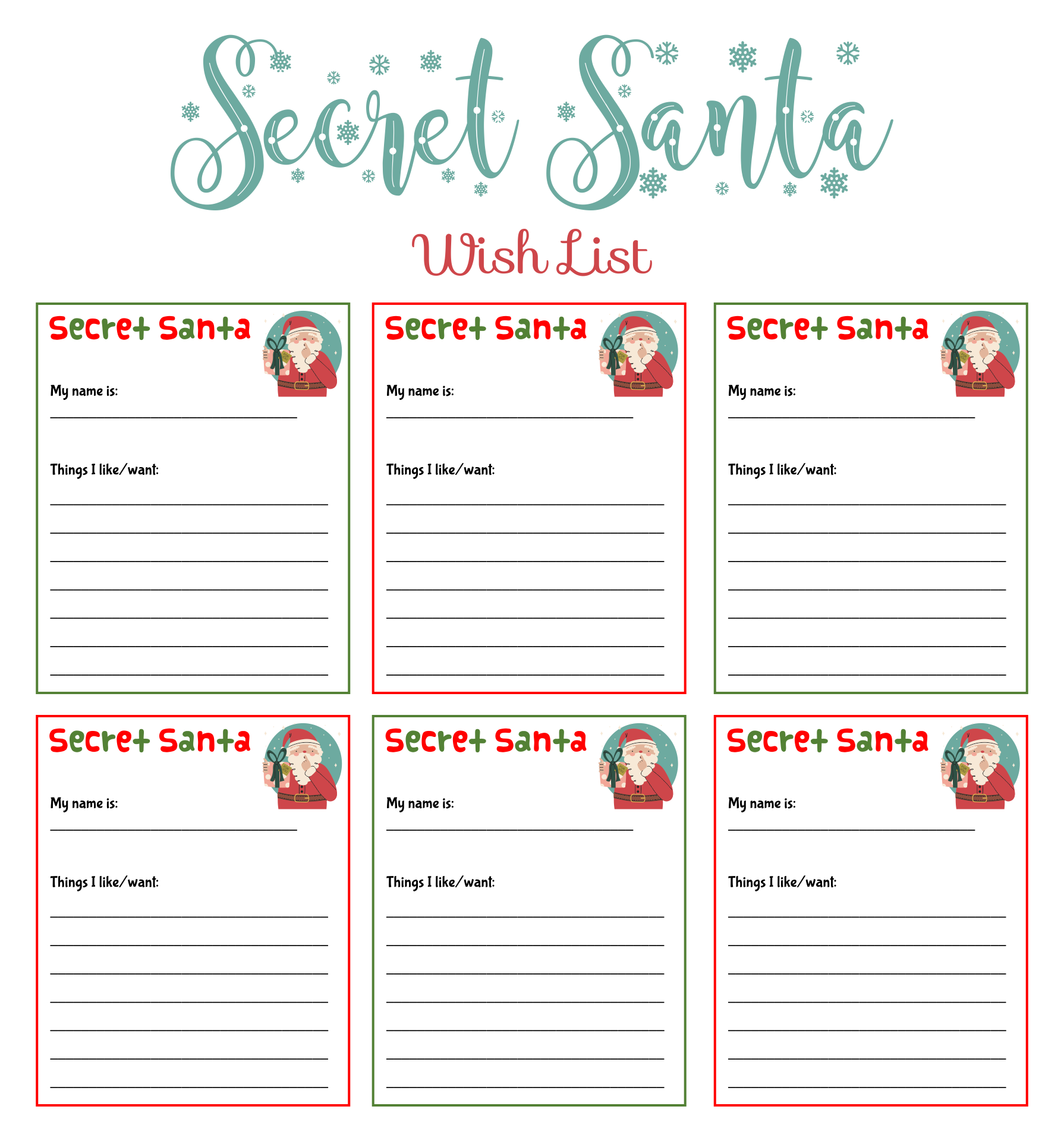 Secret Santa Wish List Template With Snowflakes