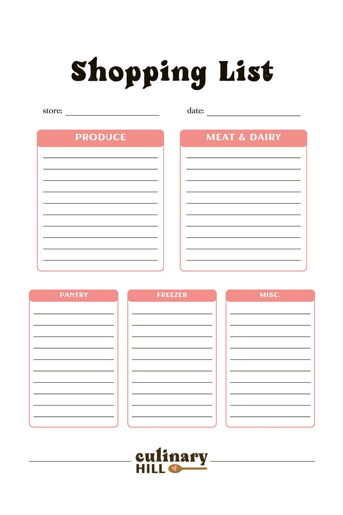 Shopping List Template Culinary Hill Worksheets Library