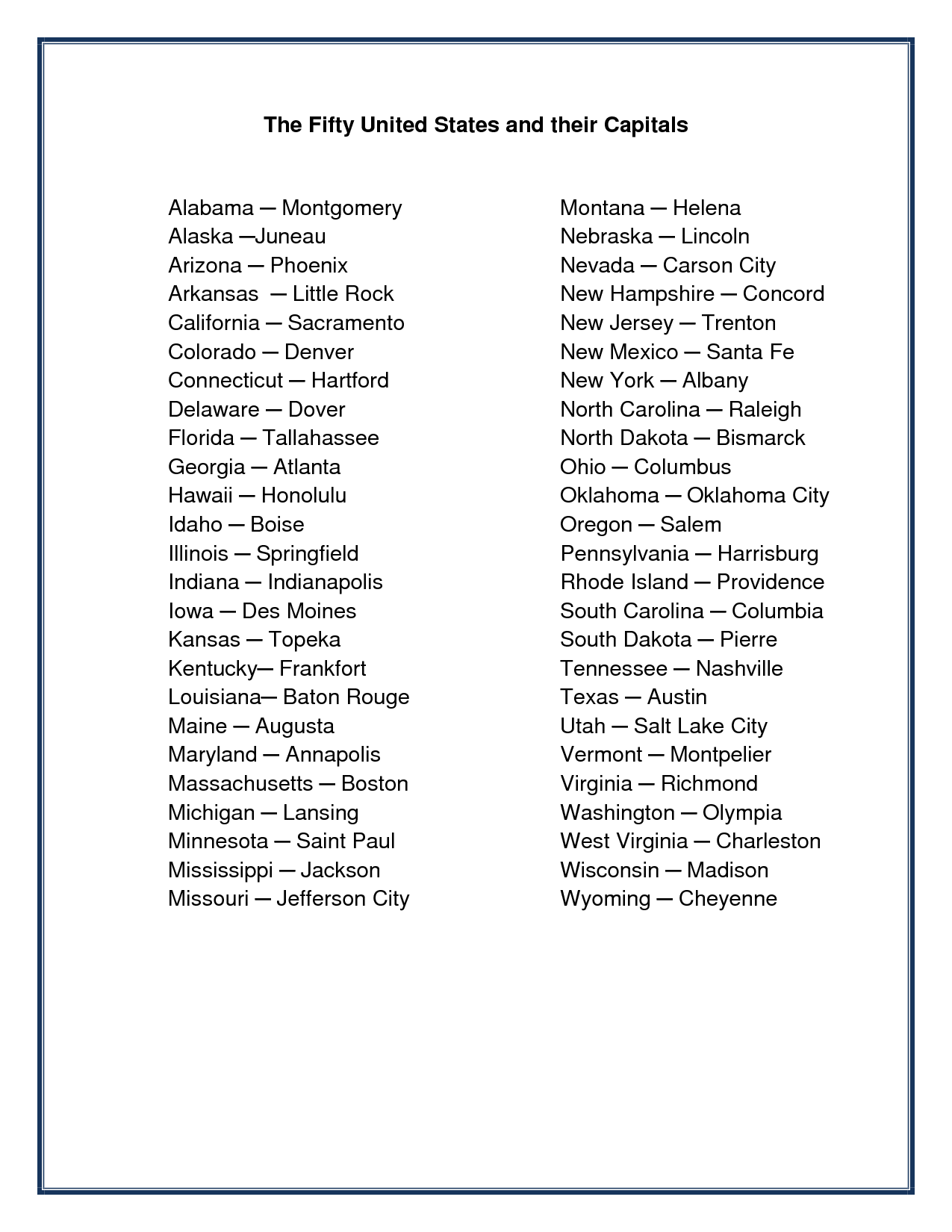 States And Capitals List Printable