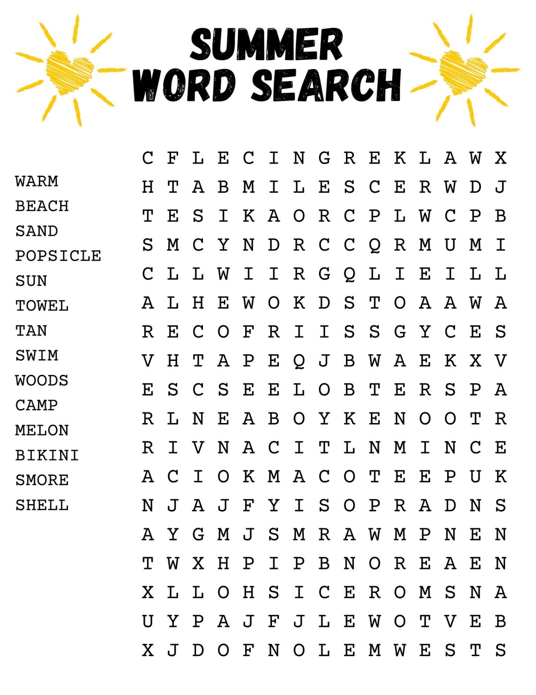 Summer Wordsearch Printable PDF Summertime Word Search Etsy