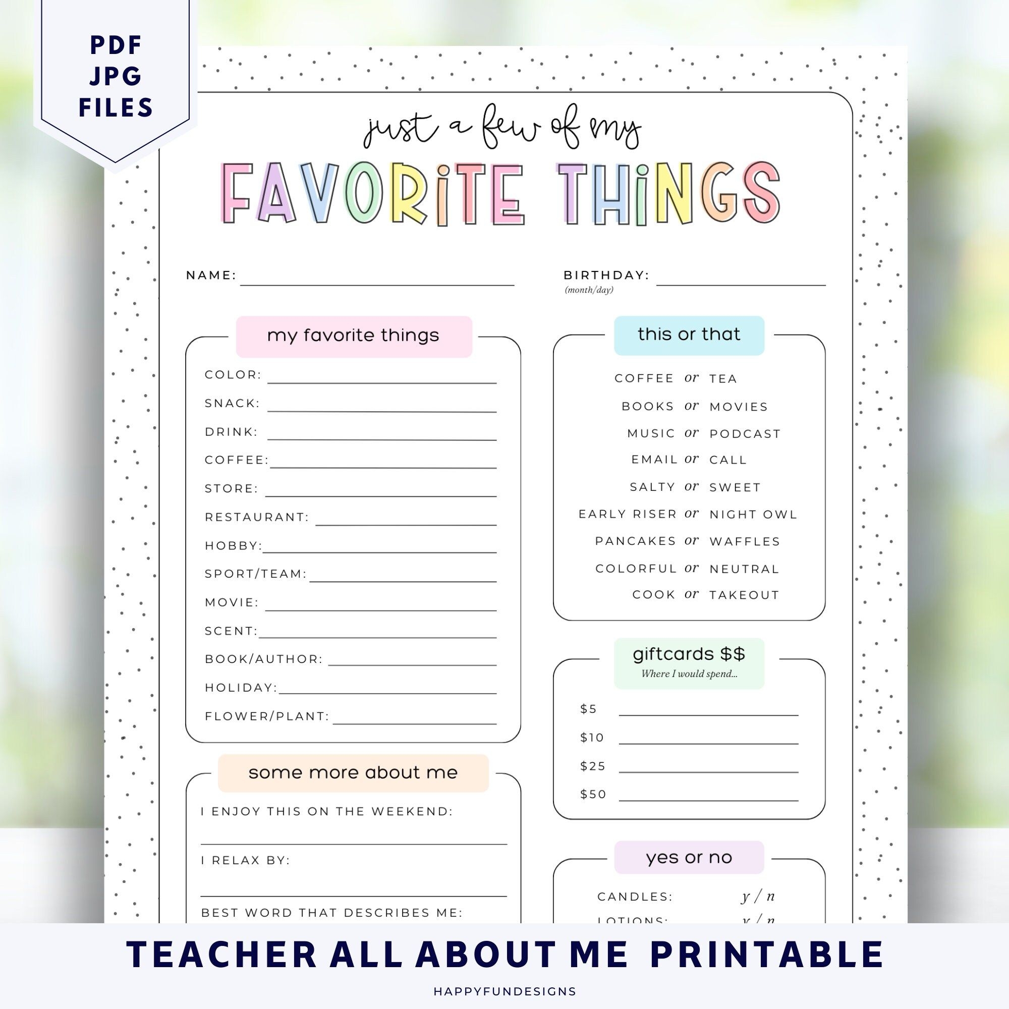 Teacher Favorite Things Form Get To Know Teacher Printable Favorite