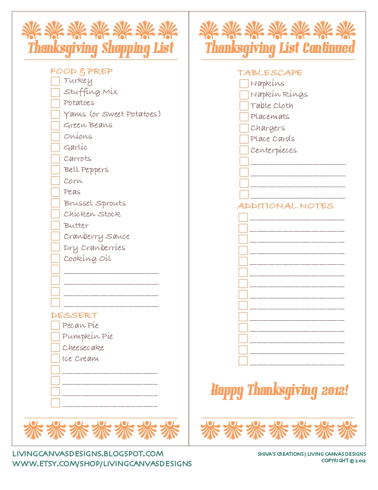 Thanksgiving Dinner Shopping List Printable