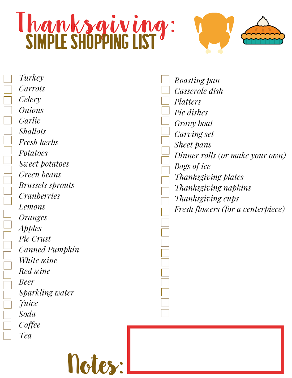 Thanksgiving Dinner Shopping List Printable