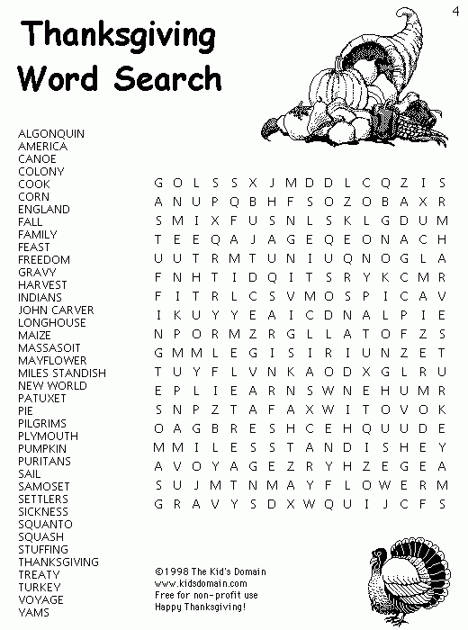 Thanksgiving Word Search Game For Kids