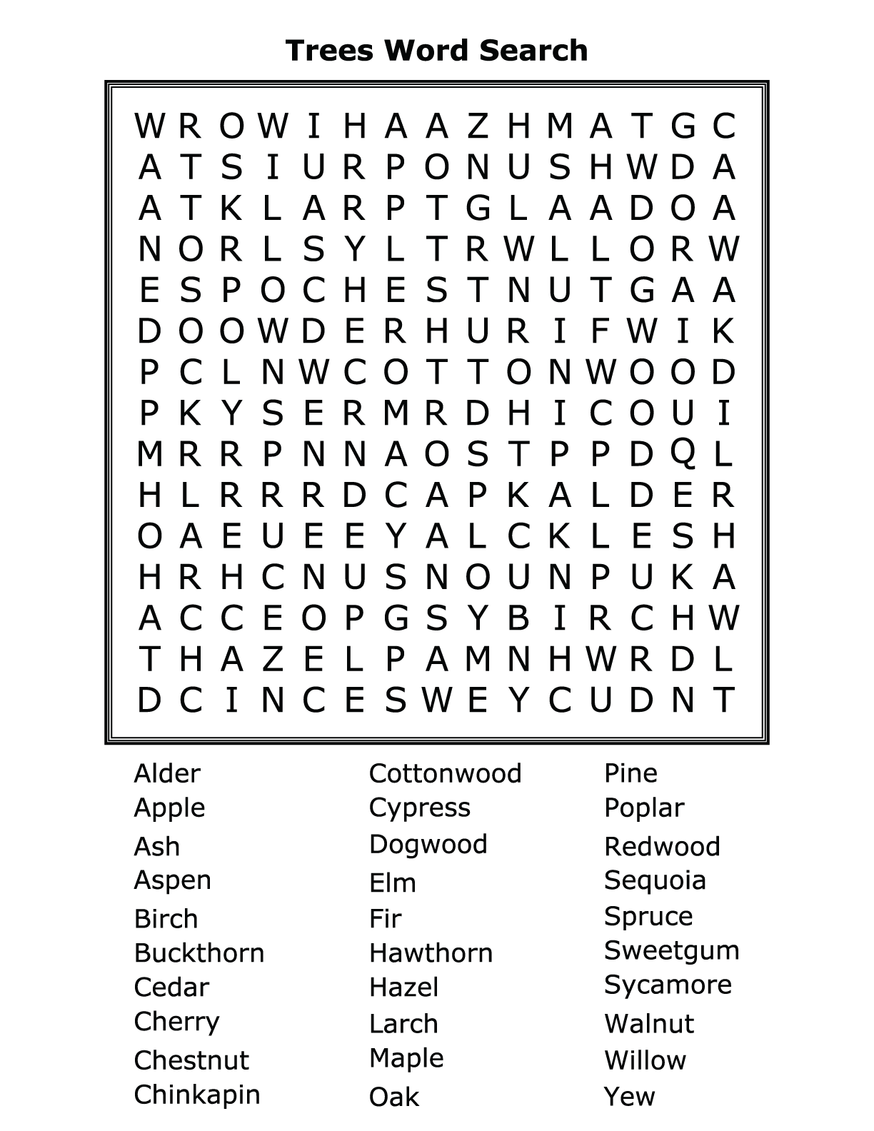 Trees Word Search Printable Word Search