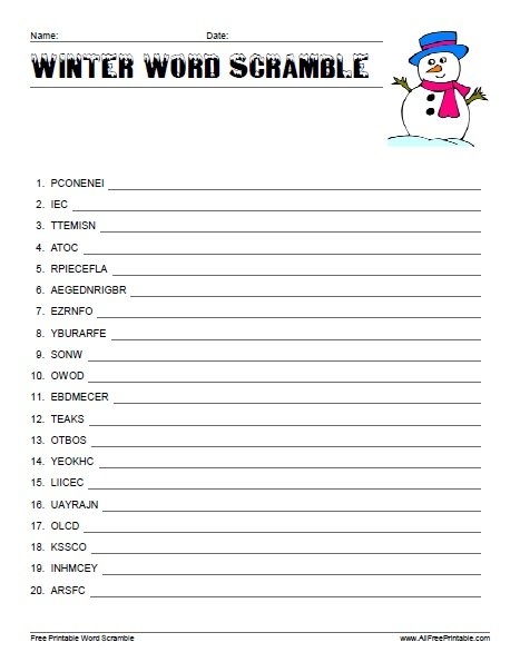 Winter Word Scramble Free Printable