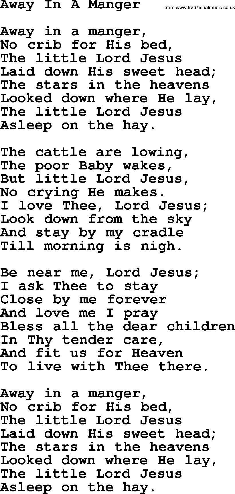 Words For Away In A Manger Printable